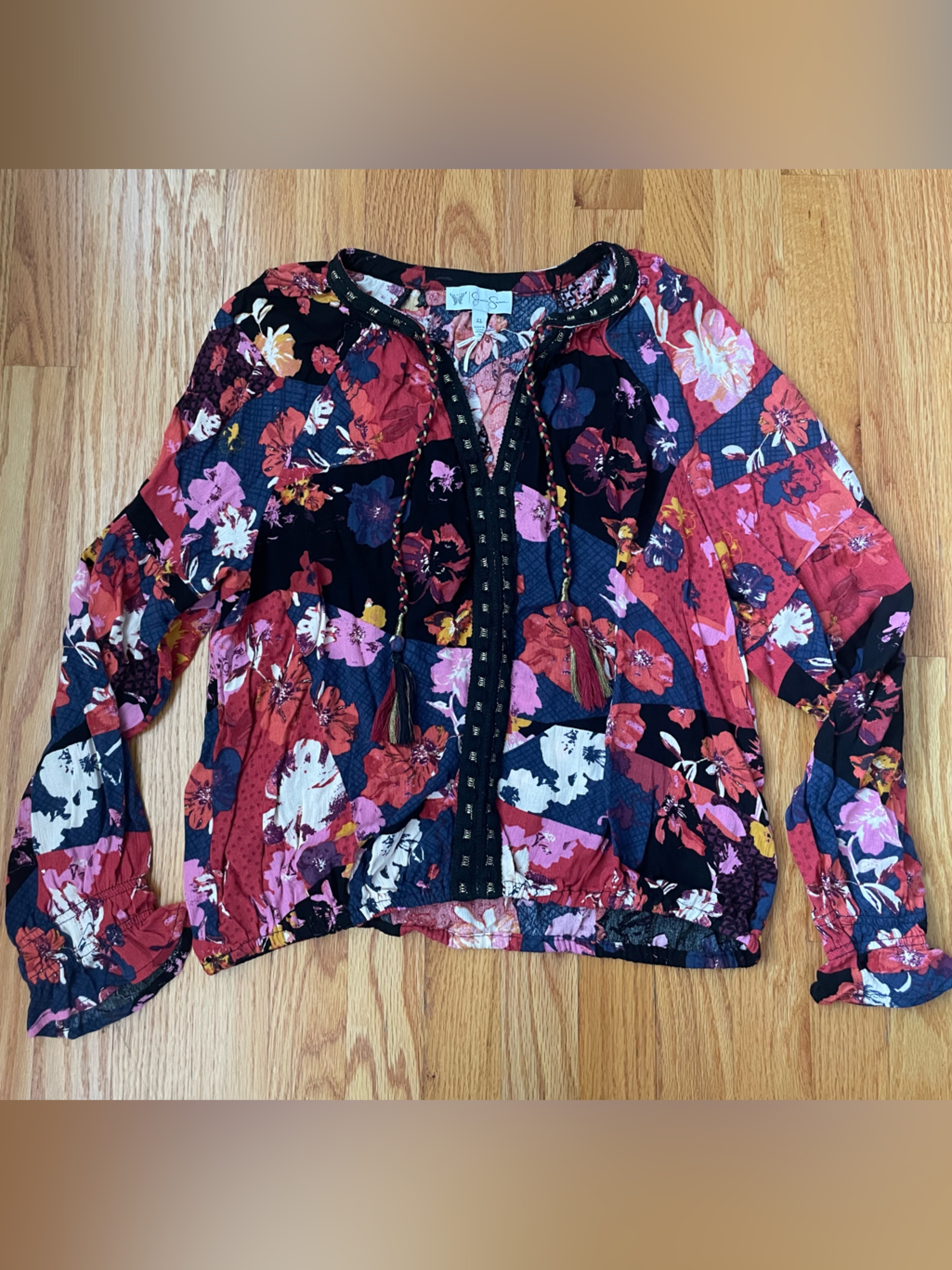 Jessica Simpson Floral Zip-Front Blouse In Red, Pink, Navy, Cream